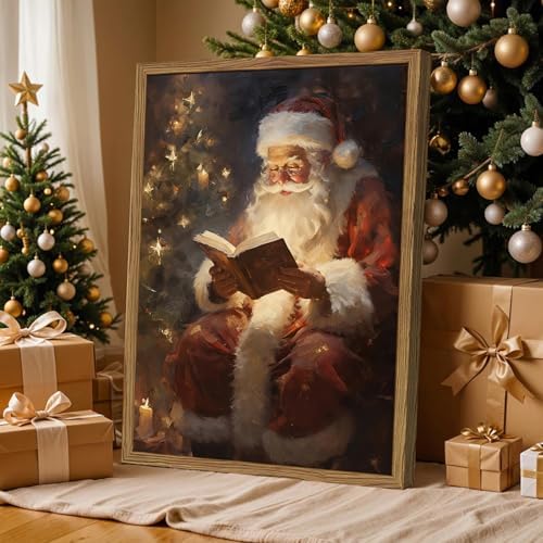 Framed Vintage Christmas Canvas Wall Art, Santa Claus Reading Book Paintings - Image 7