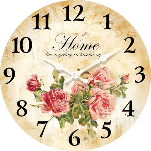 Retro Vintage Pink Roses 10 Inch Wooden Wall Clock by EZXZZ