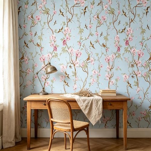Peel and Stick Wallpaper Light Blue Vintage Floral & Birds Self Adhesive - Image 7