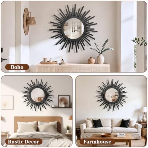 24 Inch Boho Sunburst Mirror, Round Wooden Wall Decor Starburst Sun Mirror - Image 7