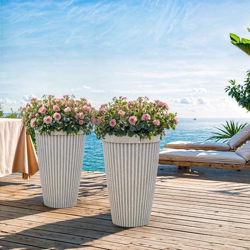 Autodaya 20" Resin Outdoor Tall Planters Set of 2, Ivory Fluted - Image 7