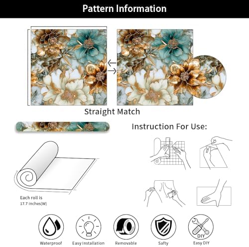 REDAMANCY Vintage Marble Floral Gold/Green/White Metal Flowers Peel and Stick - Image 7