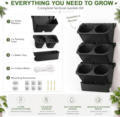 Briwooody 3 Set 6 Pocket Vertical Stackable Wall Planters Kit Outdoor Self - Image 6