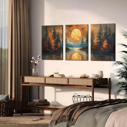 Framed Gold Mountain Forest Sunset Landscape Wall Art Set of 3, Abstract Boho - Image 7