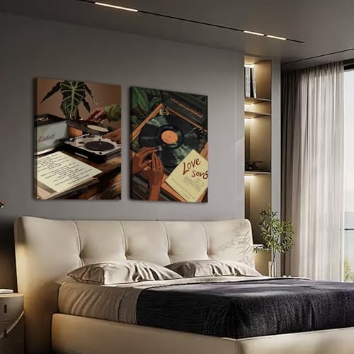 Framed 2pcs Black Woman Music Print Wall Art Retro Vinyl Record Canvas Posters - Image 7