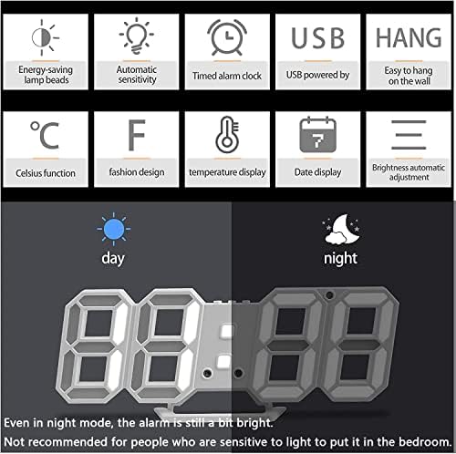 3D LED Digital Wall Desk Alarm Clock 9.5 Inch, 3 Brightness 12/24H Temp White - Image 6