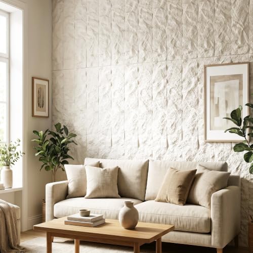 VooBang 3D Rough Stone Texture PU Wall Panels, 4 Pack 24"x48" Ivory White - Image 7