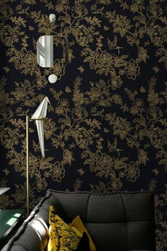 Froluya Black Gold Floral Wallpaper Peel and Stick Wallpaper 17.7in×196.8in - Image 6