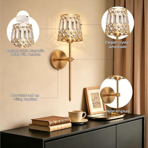 Gold Battery Operated Wall Sconces Set of 2, Crystal Rechargeable Wireless Wall - Image 7