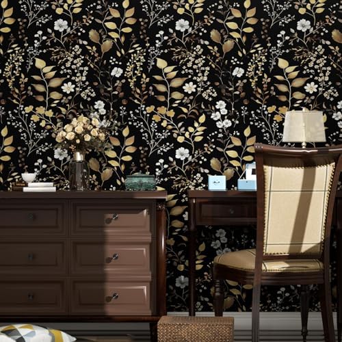 Laatse Vintage Dark Floral Gold Leaf Peel and Stick Wallpaper 17.5"x118" - Image 6