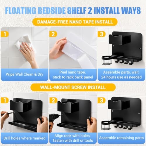 Metal Bedside Wall Shelf, No Drill Floating Bedside Shelf Wall Organizer - Image 7