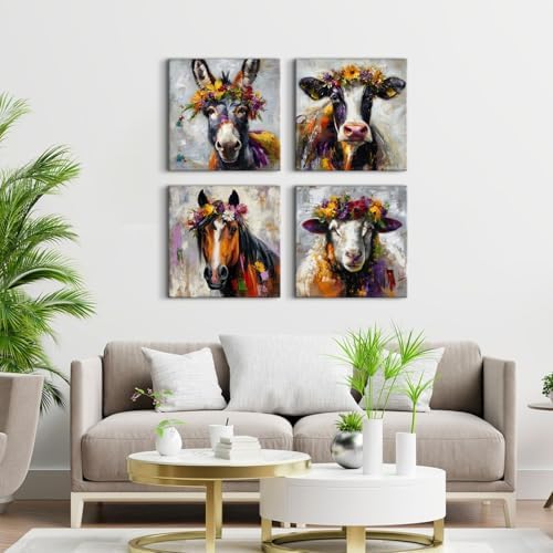 Set of 4 Farmhouse Animal Canvas Wall Art Dinner Room Decoration Abstract - Image 6
