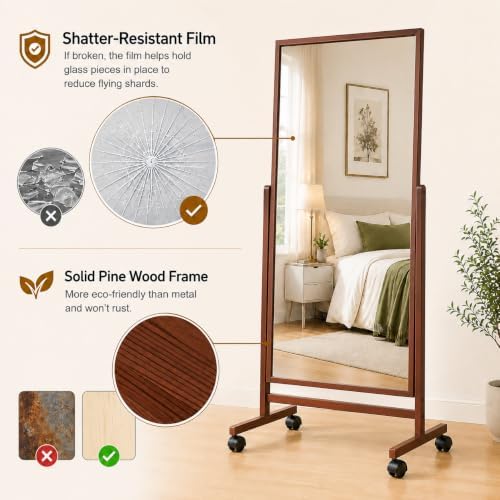 Full Length Mirror with Wheels, Rolling Standing Dressing Mirror - Image 6