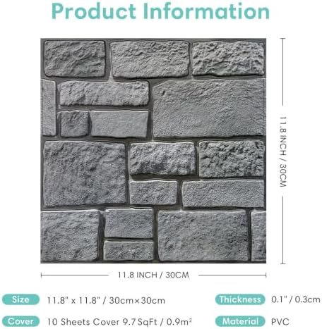 Commomy 3D Faux Stone Peel and Stick Wall Sticker 10 Pcs 11.8" x 11.8" - Image 6