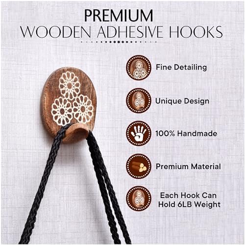 Indian Shelf 6 Boho Wood Adhesive Wall Hooks Peel Stick - Image 6