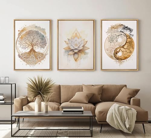 3pcs Framed Tree of Life Canvas Wall Art Gold Lotus Zen Painting Picture Wall - Image 6
