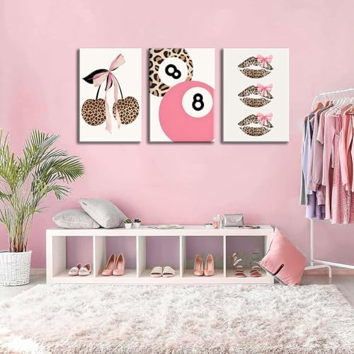 Trendy Pink Leopard Bow Canvas Wall Art Set of 3 Funky Cherry Lucky 8 Ball - Image 7