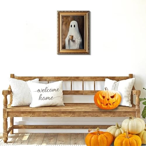 uniro Vintage Gold Framed Wall Art, Vintage Ghost Drinking Coffee Halloween - Image 7