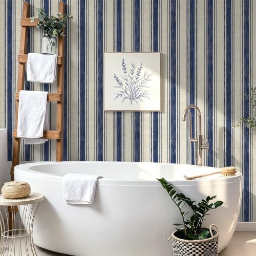 Safiyya Wallpaper Peel and Stick Blue and Cream White Striped 17.3"x393" - Image 7