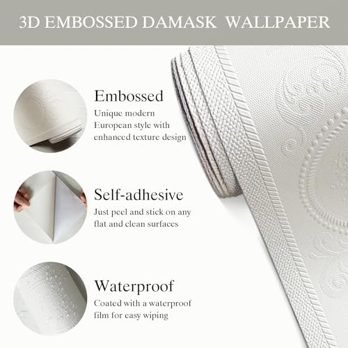JiffDiff White 3D Embossed Textured Peel Stick Wallpaper 17.3"x1200" - Image 6