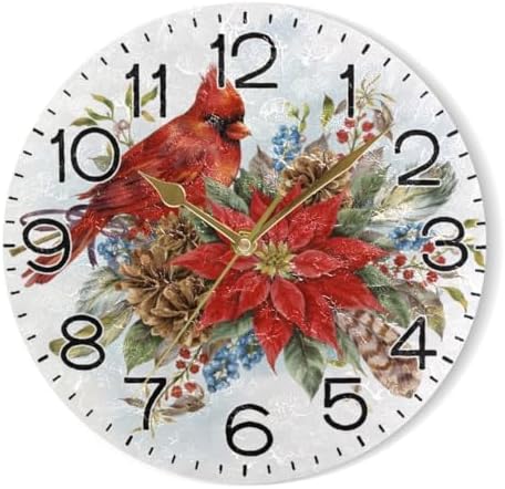 Christmas Poinsettia Flower and Winter Bird Red Cardinal Wall Clock Battery - Image 7