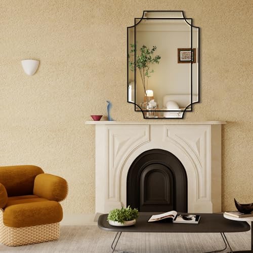 HQiJun Black Mirror for Wall, 36x24 Wood Framed, Scalloped Beveled Polished - Image 7