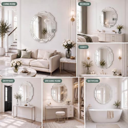 Vercraft Silver Bathroom Mirror Decorative Beveled Edge Frameless Mirror Wall - Image 6