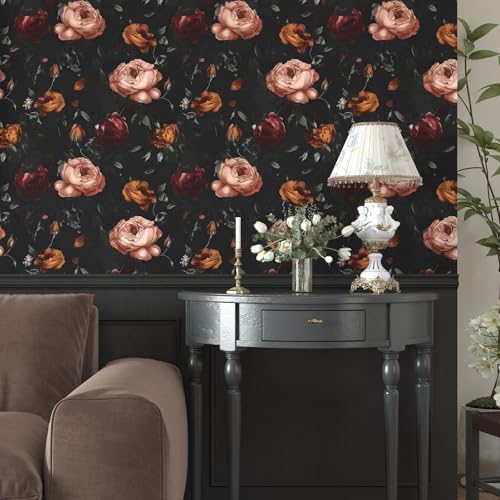 Laatse Gothic Black Orange Rose Floral Wallpaper Peel and Stick 17.5"x118" - Image 6