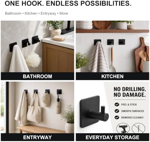 DELITON 4 Pack Adhesive Towel Hooks, Heavy Duty Stainless Steel No Drill - Image 7