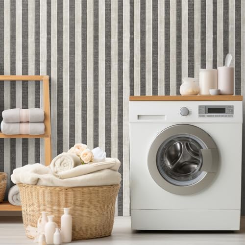 Black and Cream White Textured Striped Peel and Stick Wallpaper, Self Adhesive - Image 7