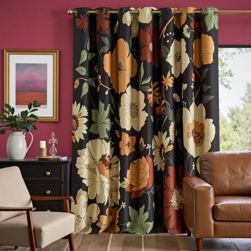 jinchan Black Boho Floral Blackout Curtains W100xL96 Grommet 1 Panel - Image 7