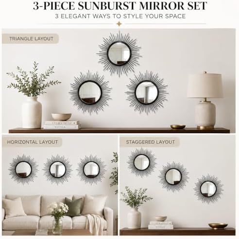 Black Sunburst Mirror Set of 3, Starburst Accent Mirror Wall Decor - Image 6