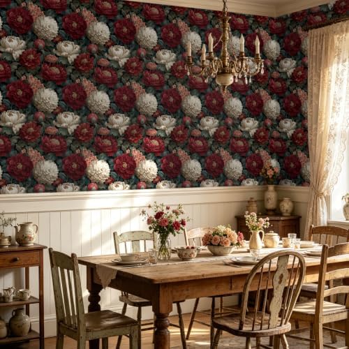 BOKEBEVE Vibrant Red Floral Peel and Stick Wallpaper Vintage 17.5 x 118In - Image 7