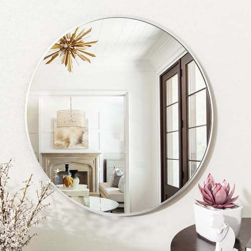 VooBang Silver Round Bathroom Mirror 24", Thin Metal Frame Wall Mirror - Image 6