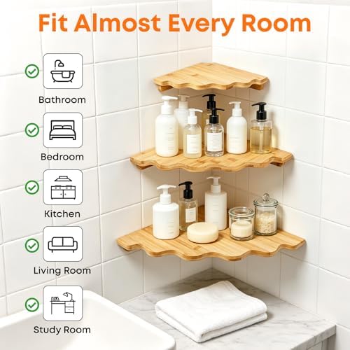 Fantasyon Corner Floating Shelf Wall Mount, Bamboo Wood Corner Hanging Shelves - Image 7