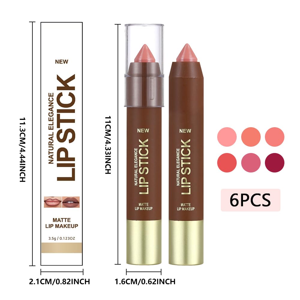 6Pcs Matte Lipstick Crayon Set for Women, 24 Hour Lipstick Lip Liner Pencil, Neutral Lip Stick Lipliner Long Lasting Waterproof Smudge Proof, Vegan & Cruelty-Free
