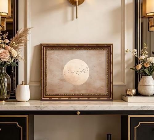 Vintage Gold Framed Minimalist Moon and Birds in Flight Wall Art, Neutral Beige - Image 7