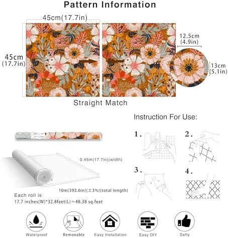 HAOKHOME Orange Floral Peel and Stick Wallpaper Boho Vintage 17.3in x32.8ft - Image 7