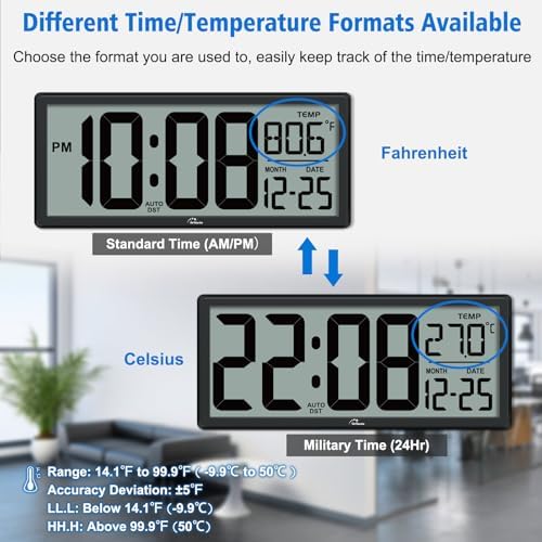 WallarGe 14.5'' Backlight Digital Wall Clock Battery Operated - Image 6