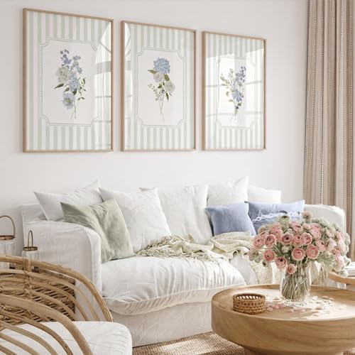 Blue Hydrangea Wall Art Floral Canvas Prints Sage Green Striped Wall Decor - Image 7