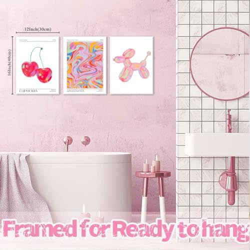 Framed Pink Preppy Wall Art Set of 3 Trendy Cute Balloon Dog Cherry Posters - Image 7