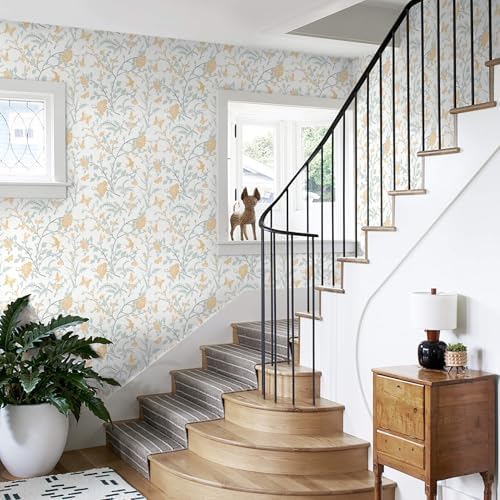 Yellow Wallpaper Floral Peel and Stick Wallpaper Boho Light Blue and Yellow - Image 6