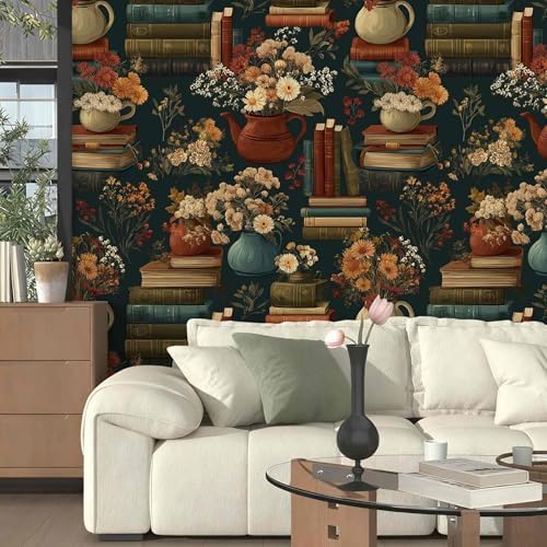 Vintage Library Peel and Stick Wallpaper, Dark Academia Floral Wallpaper - Image 7