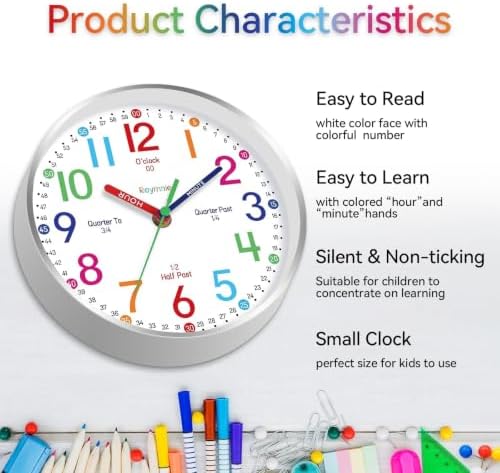 Roymnie Wall Clock for Kids Learning Battery Operated Teaching Silent 8" - Image 6