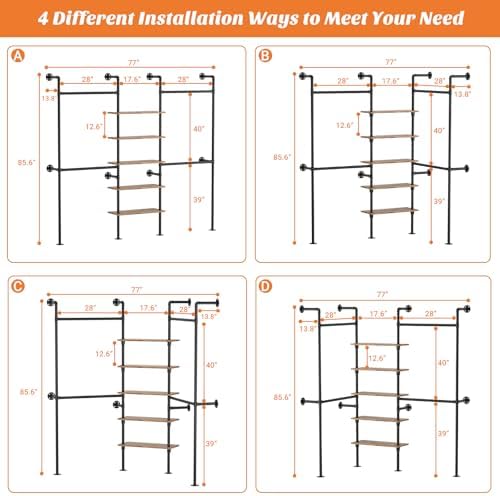 Aheaplus Industrial Pipe Clothing Rack, 6.42FT Closet Organizer System - Image 7