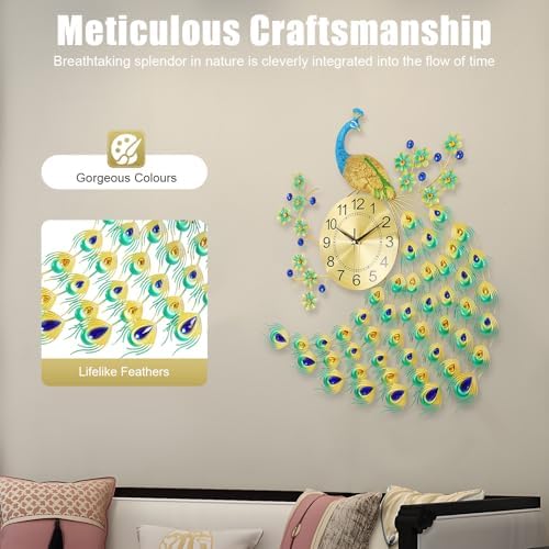 29.5" Large Peacock Wall Clock Crystal Decor, 3D Creative Luxury Wall Clock - Image 6