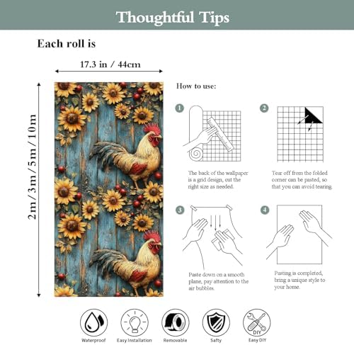 Peel and Stick Mural Sunflowers Rooster Removable Wallpaper 17.3"x197" Self - Image 7