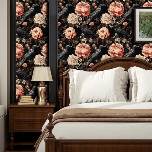ILHIIOR Black Crow Floral Peel and Stick Wallpaper 17.5 x 118 Inches - Image 7