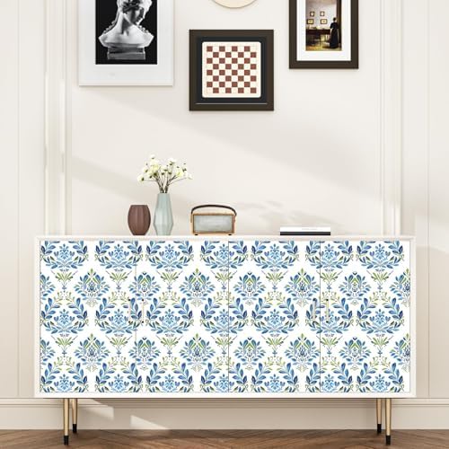 BOKEBEVE Boho Floral Peel and Stick Wallpaper Blue White 17.5 x 118In - Image 6