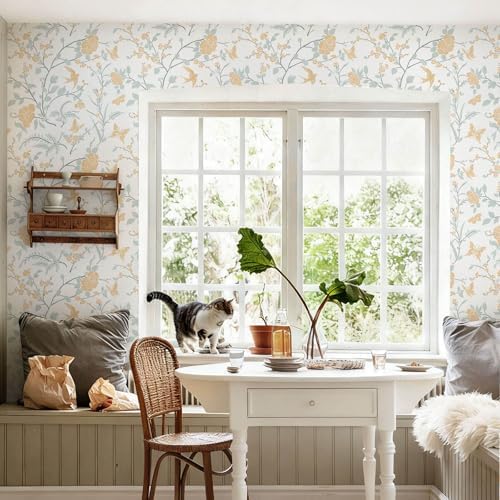 Yellow Wallpaper Floral Peel and Stick Wallpaper Boho Light Blue and Yellow - Image 6
